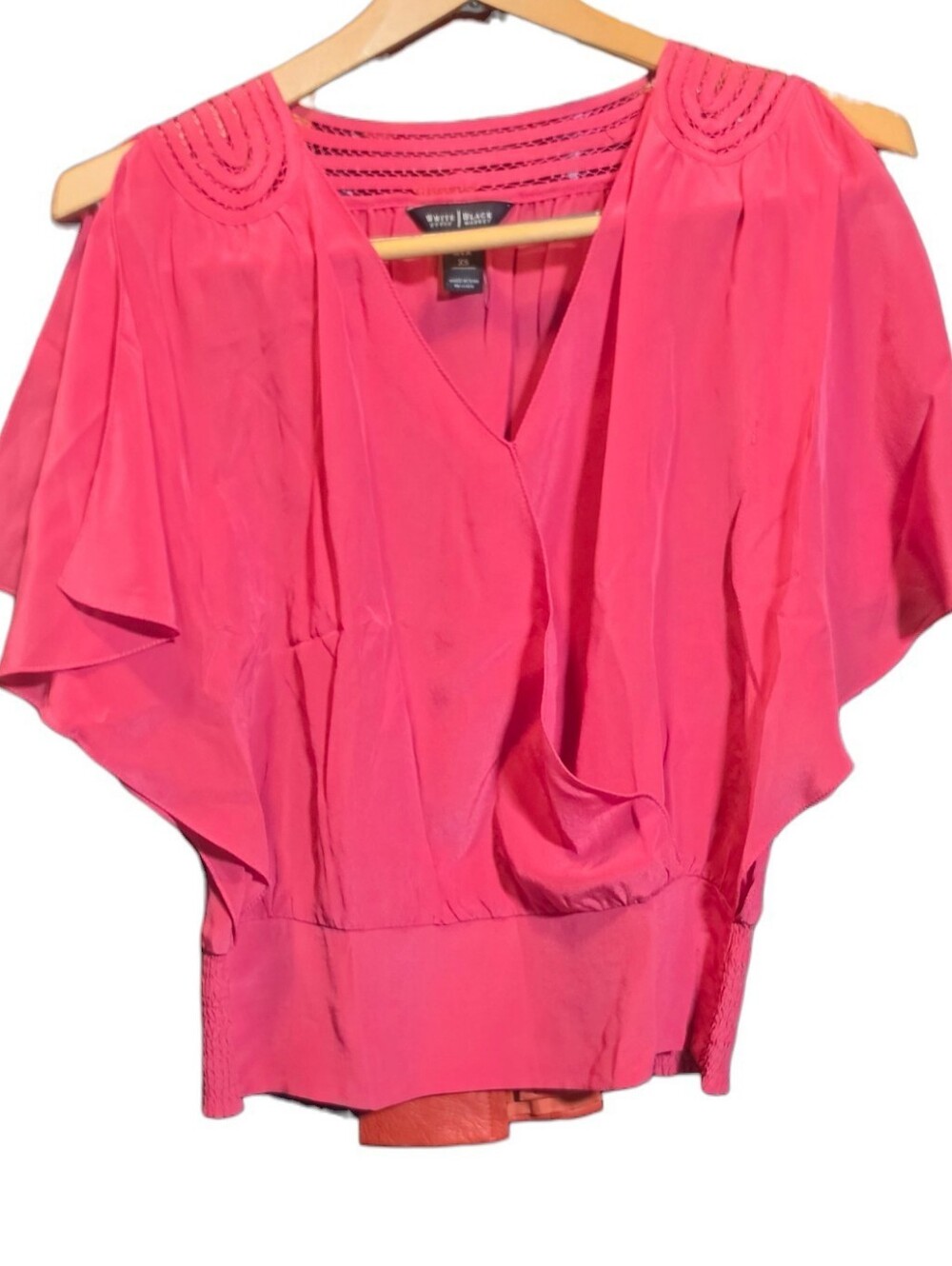 White House Black Market Silk Pink Draped V-Neck Flutter Sleeve Blouse